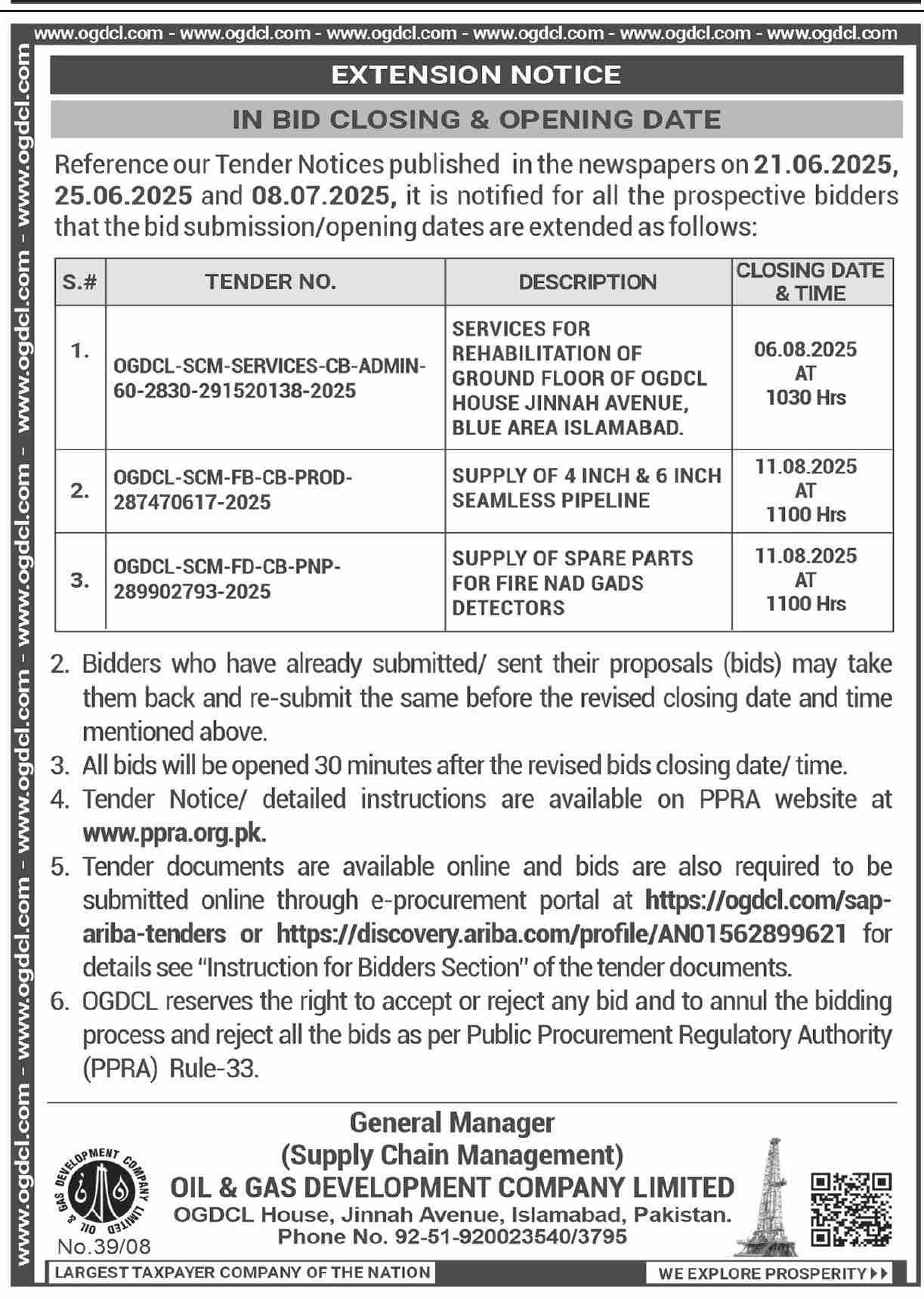 Oil & Gas Development Company Limited Islamabad Tender Notice-1